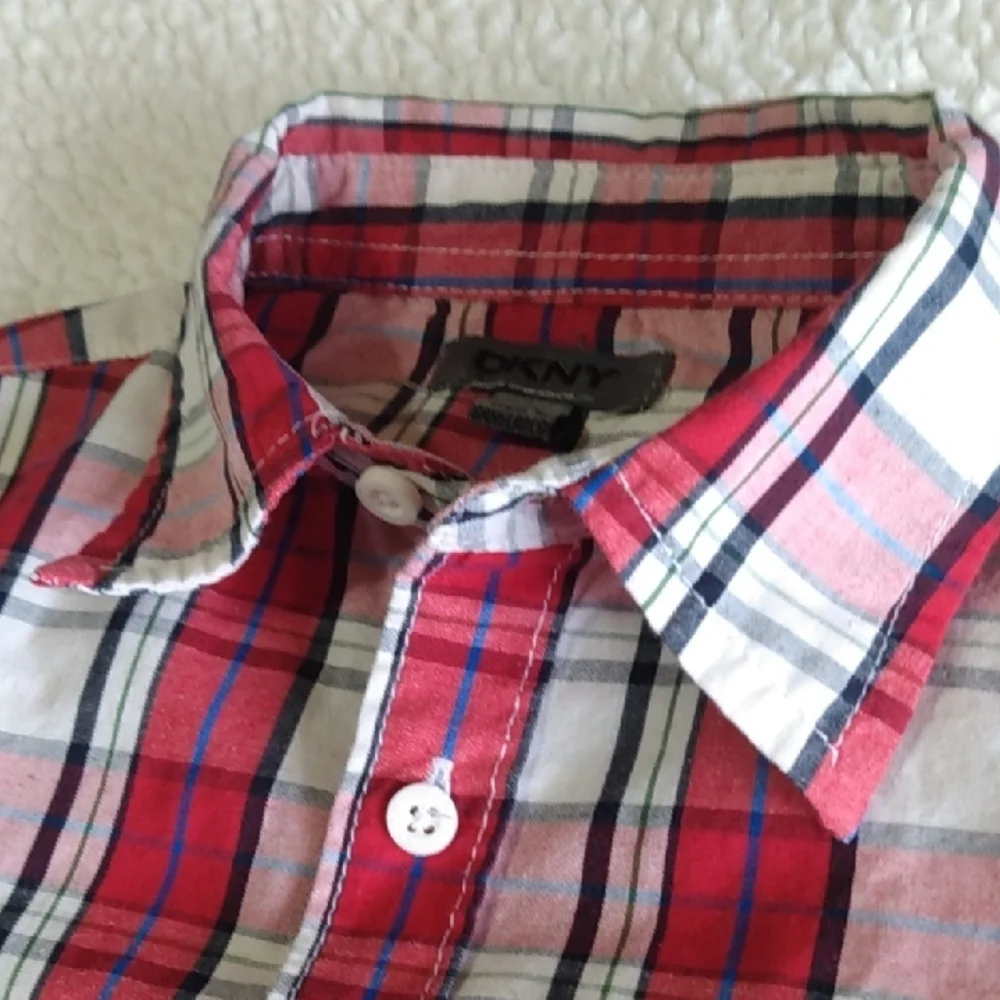 DKNY Kids Red and White Plaid Button Down Shirt 3T Long Roll Tab Sleeves‎